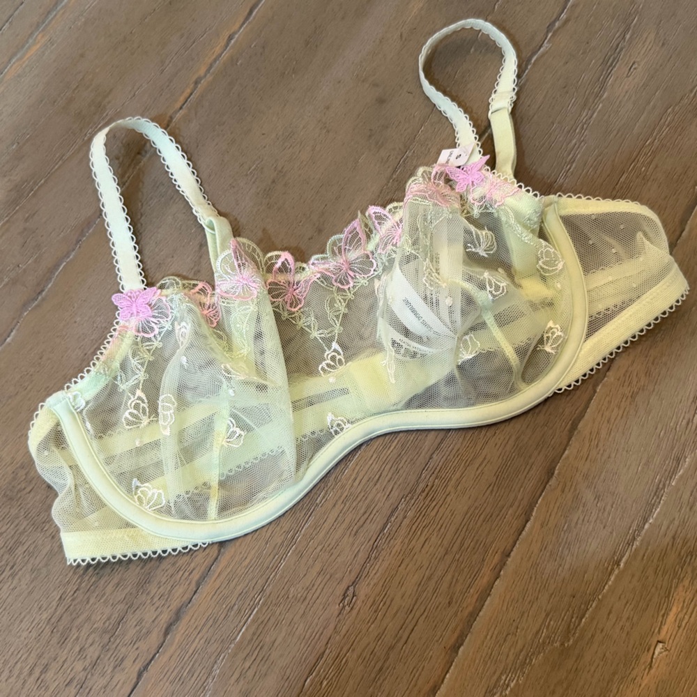 Pink Victoria Secret Sheer Yellow Lace unlined  Bra with Pink Floral